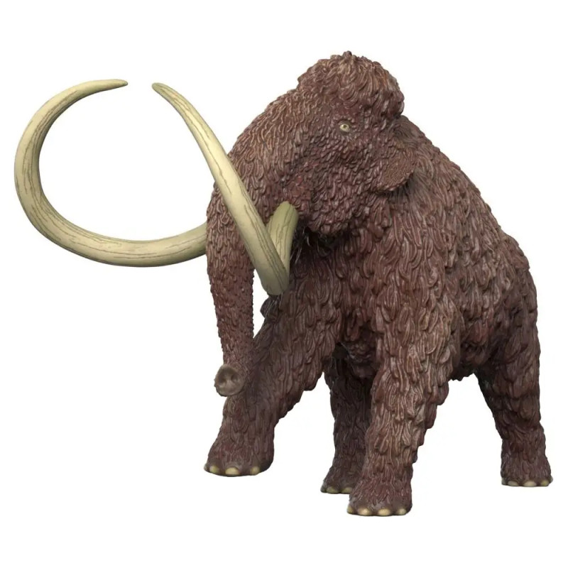 Braune Wollmammut-Figur mit langen, gebogenen Stoßzähnen vor weißem Hintergrund.