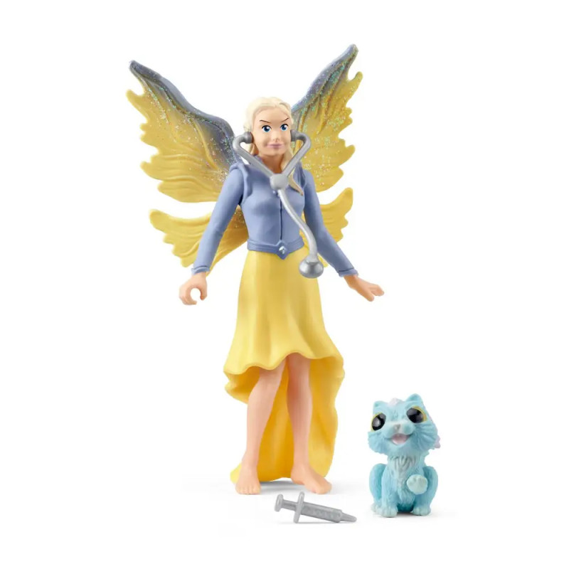 Spielzeugfee mit gelben Flügeln, blauem Jackett, gelbem Rock, Stethoskop, blauer Katze und Spritze als Zubehör.