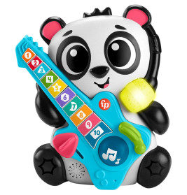 Ein Spielzeugpanda hält eine blaue Gitarre mit bunten Nummernknöpfen und einem Musiknotensymbol.