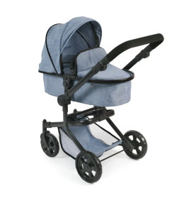 Blauer Kinderwagen mit schwarzem Gestell, vier Rädern und Sonnenschutz auf weißem Hintergrund.