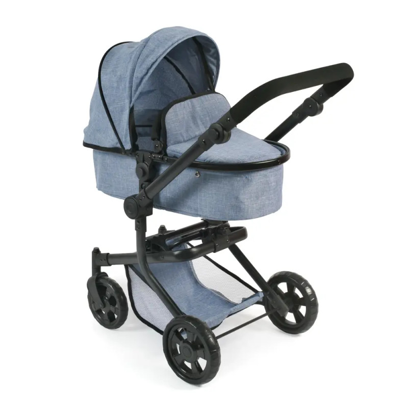 Blauer Kinderwagen mit schwarzem Gestell, vier Rädern und Sonnenschutz auf weißem Hintergrund.