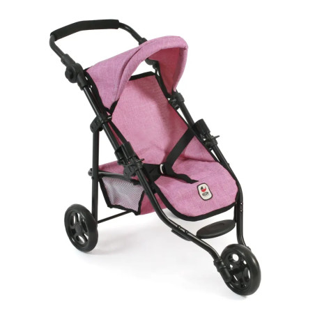 Rosa Puppenwagen mit schwarzem Gestell, drei Rädern und Gurt, geeignet für Puppen oder Stofftiere.