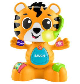 Bunter Spielzeugtiger mit den Knöpfen Hand, Fun, Bauch und grünem Telefon am Ohr.