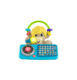 Buntes Spielzeug-Laptop mit Tierfigur, großen Tasten und farbigen Perlen am grünen Griff.