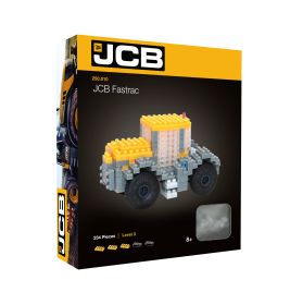 Verpackung eines JCB Fastrac Bausatzes mit Abbildung des gelb-grauen, zusammengebauten Fahrzeugs auf der Vorderseite.