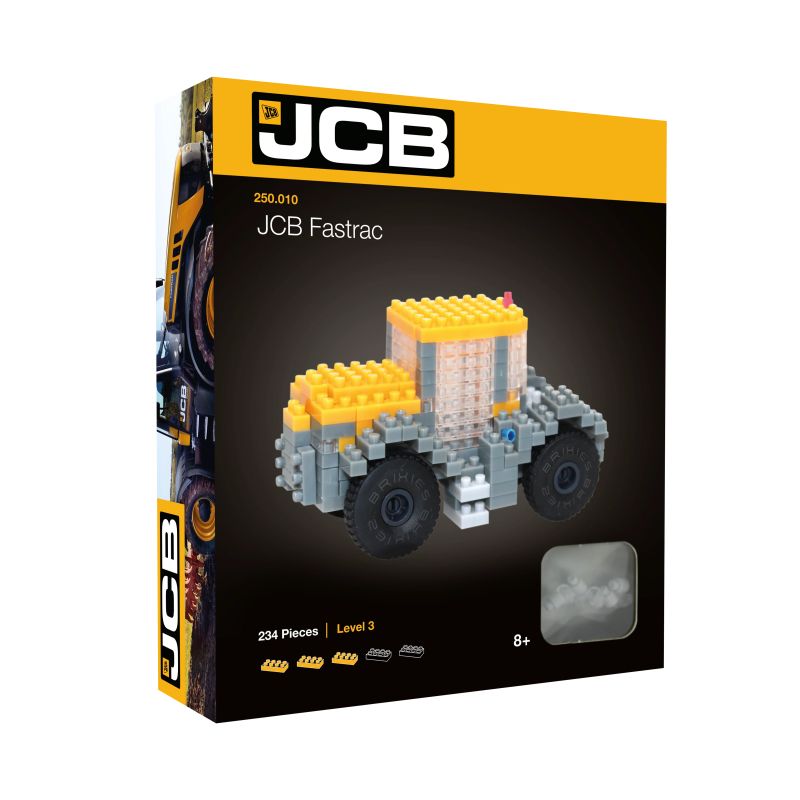 Verpackung eines JCB Fastrac Bausatzes mit Abbildung des gelb-grauen, zusammengebauten Fahrzeugs auf der Vorderseite.