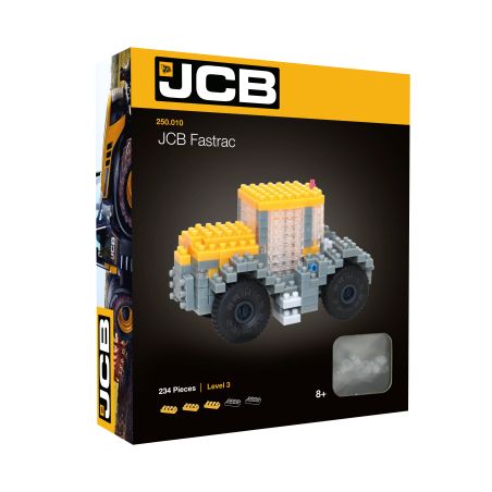 Verpackung eines JCB Fastrac Bausatzes mit Abbildung des gelb-grauen, zusammengebauten Fahrzeugs auf der Vorderseite.