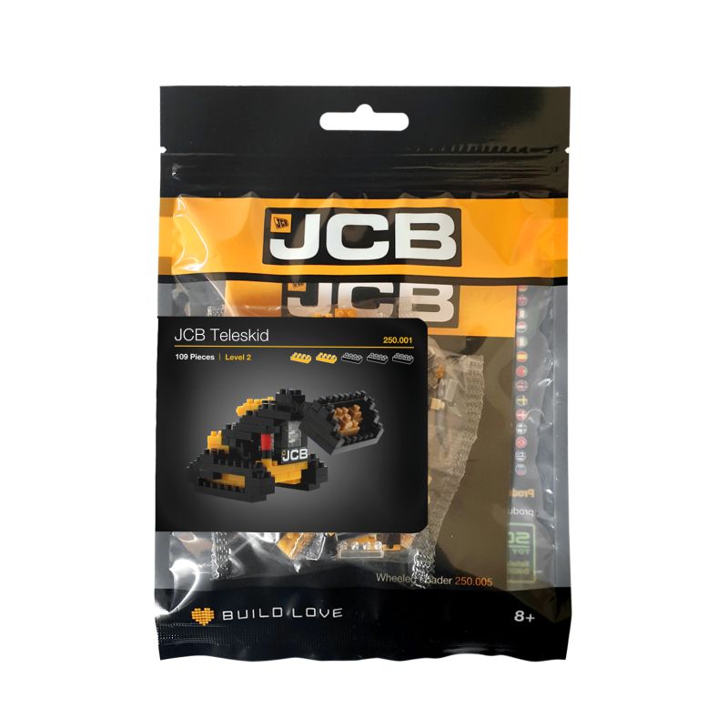 JCB Teleskid Bauset in schwarz-gelber Verpackung, 109 Teile, geeignet für Kinder ab 8 Jahren.