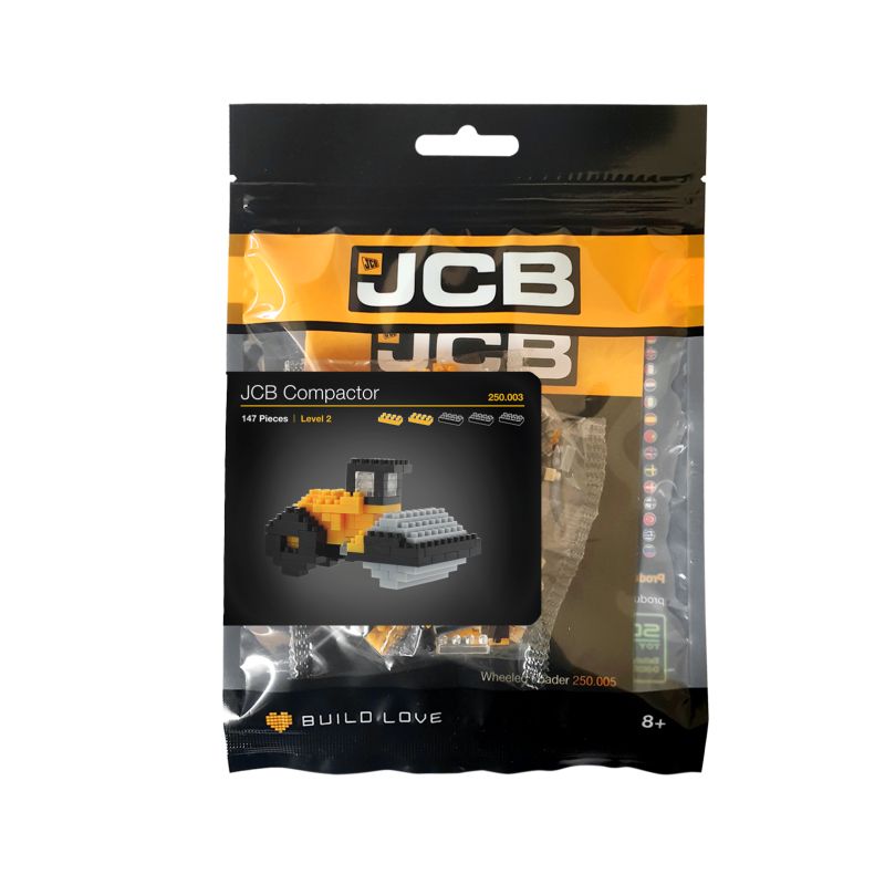 JCB-Kompressor-Bauset in Plastikverpackung mit kleinem Blockmodell auf der Vorderseite.