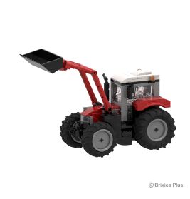 Roter und schwarzer Spielzeugtraktor mit hochgeklappter Schaufel, aus Steckbausteinen gebaut.