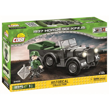 Cobi-Set 1937 Horch 901 (KFZ.15) mit grünem Militärfahrzeug und Spielzeugsoldat in OVP.