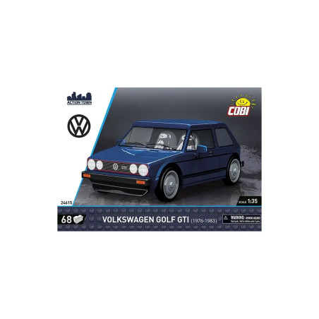 Cobi-Set: Box des Volkswagen Golf GTI Modellbausatzes mit Bild des blauen Autos auf der Vorderseite.