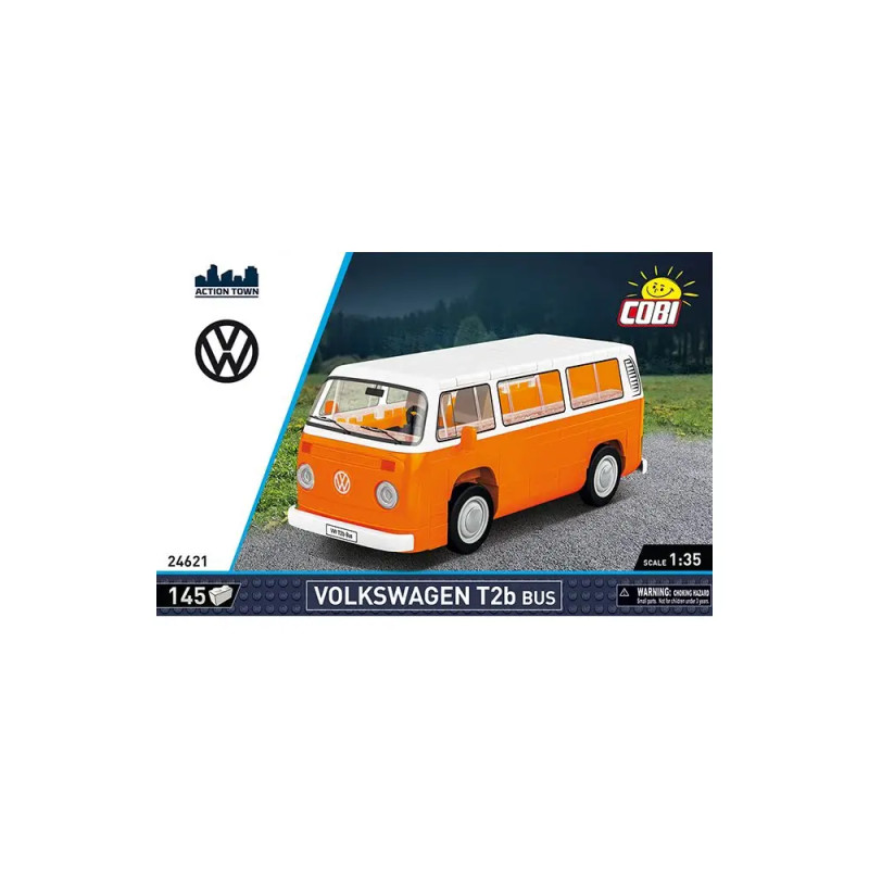 Verpackung des COBI Action Town VW T2b Bus Bausatzes mit einem orange-weißen Spielzeugbus abgebildet.