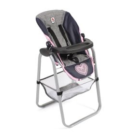 Grauer und rosa Hochstuhl für Babys mit Herzmotiv und praktischem Netzkorb unter dem Sitz.