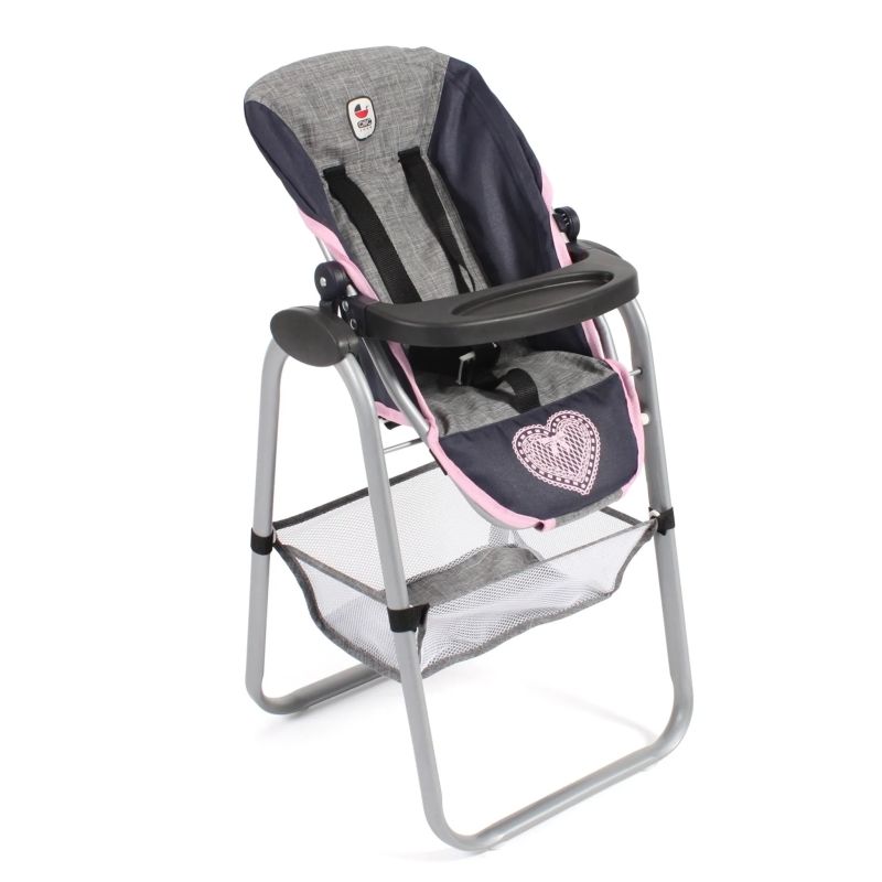 Grauer und rosa Hochstuhl für Babys mit Herzmotiv und praktischem Netzkorb unter dem Sitz.