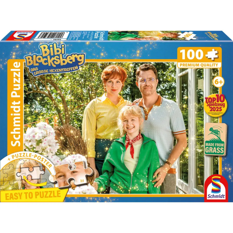 Puzzlebox mit drei lachenden Erwachsenen, Bibi Blocksberg Logo, 100 Teile, Aufschrift Easy to Puzzle.