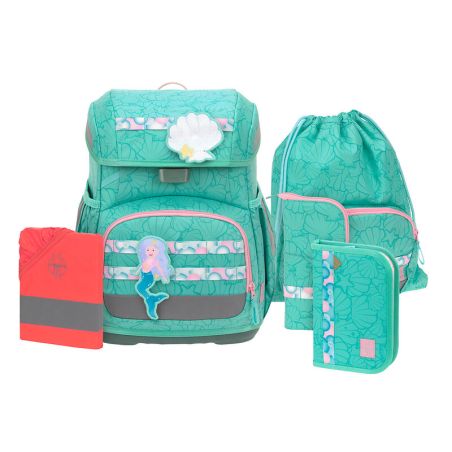 Set aus türkisfarbenem, geblümtem Schulrucksack mit Meerjungfrau, Muschel, Turnbeutel, Federmäppchen und Notizbuch.
