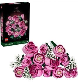 LEGO-Set mit rosa Rosen und weißen Akzenten, aufgebaut und auf der Verpackung der Botanical Collection zu sehen.