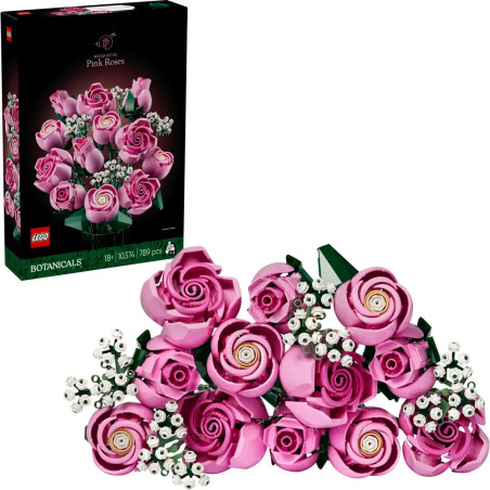 LEGO-Set mit rosa Rosen und weißen Akzenten, aufgebaut und auf der Verpackung der Botanical Collection zu sehen.