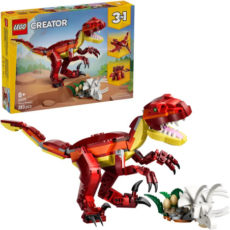 LEGO Creator 3-in-1 Set mit rotem T-Rex, Dinosaurier-Ei und Verpackung im Hintergrund.