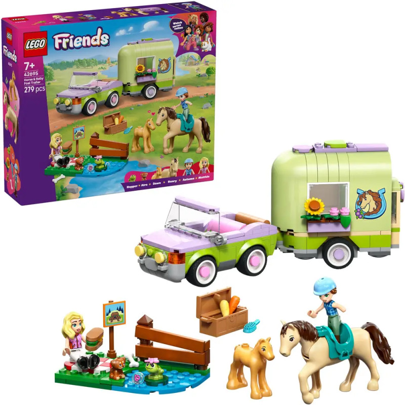 LEGO Friends Pferdeanhänger-Set mit SUV, zwei Figuren, zwei Pferden, Picknickszene und Verpackung im Hintergrund.