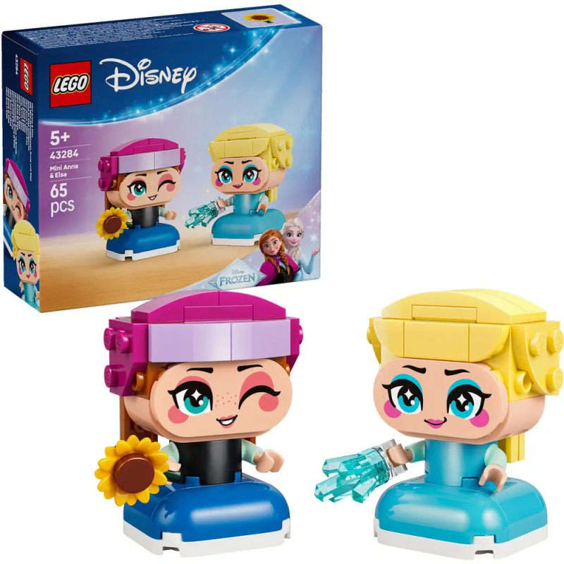 LEGO Disney Eiskönigin Set mit Figuren von Anna und Elsa, 65 Teile, für Kinder ab 5 Jahren, Verpackung im Hintergrund.