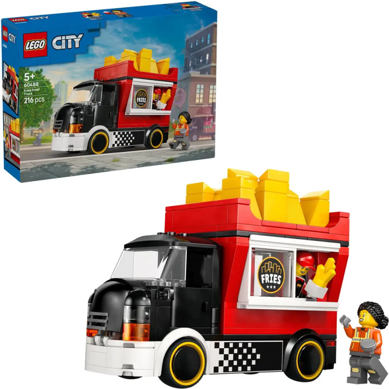LEGO Pommes-Truck-Set mit Minifigur, großen Pommes auf dem Dach und Verpackung im Hintergrund.