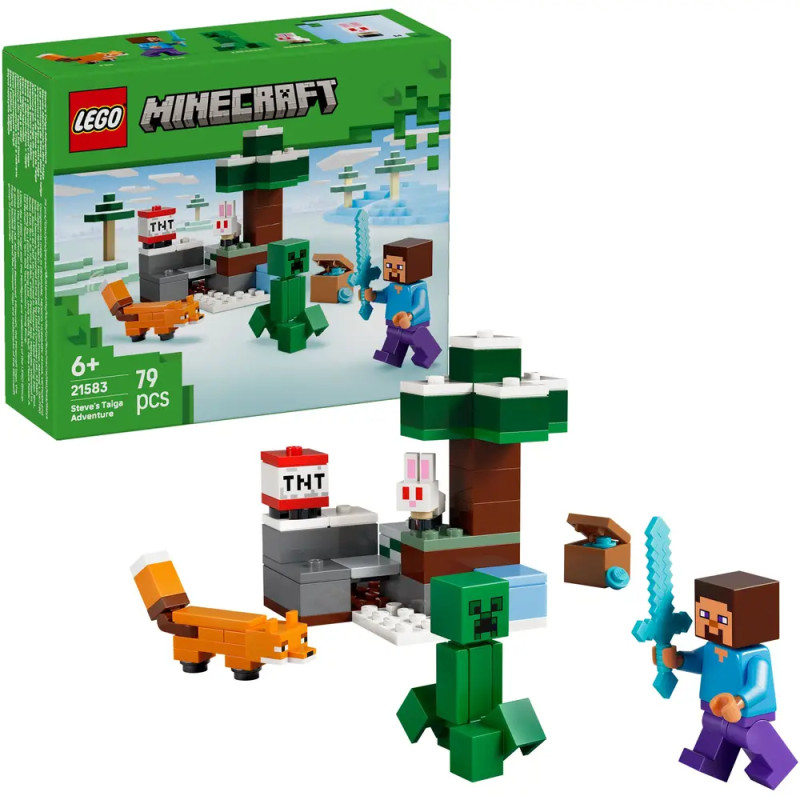 LEGO Minecraft Set mit Steve, Creeper, Fuchs, Baum, TNT und Schneeszene Verpackung im Hintergrund.