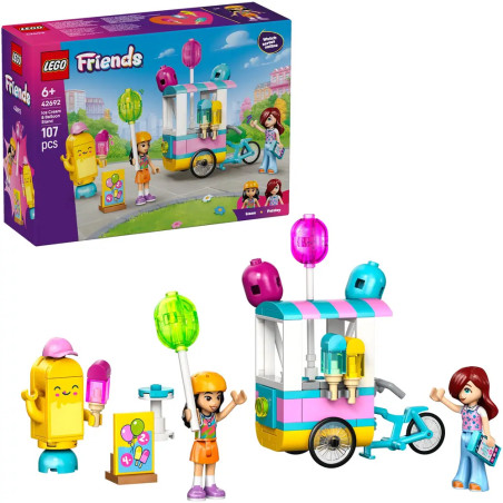 LEGO Friends Eiswagen-Set mit drei Figuren, Fahrrad und pastellfarbenem Zubehör.