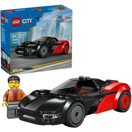 LEGO City Sportwagen-Set mit schwarz-rotem Auto, Minifigur und Verpackung im Hintergrund.