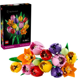 LEGO Tulpenstrauß Set mit bunten LEGO-Tulpen vor der Produktverpackung.
