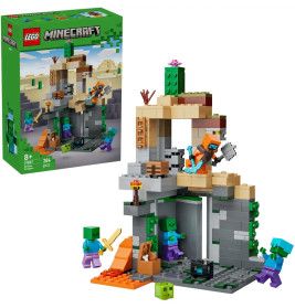 LEGO Minecraft Set mit Figuren im Kampf gegen Zombies in einer Höhle, Verpackung im Hintergrund sichtbar.