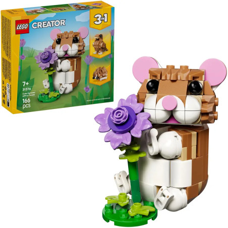LEGO Hamster mit lila Blume und Verpackung des 3-in-1 Creator Sets, enthält 166 Teile.