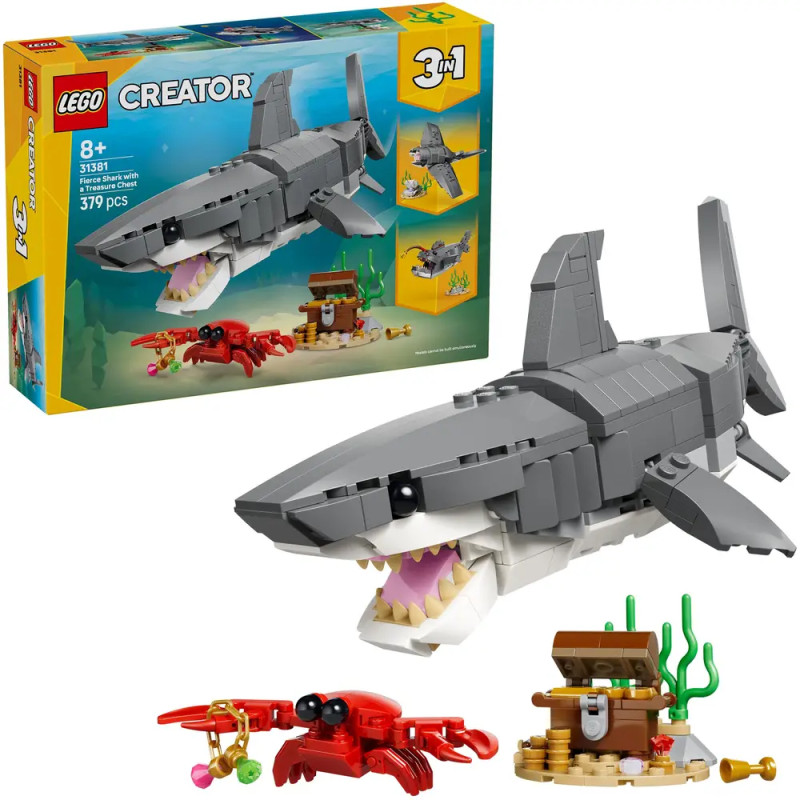 LEGO Creator 3-in-1-Set: Grauer Hai, roter Krebs und kleine Schatztruhe zum Bauen, insgesamt 379 Teile.
