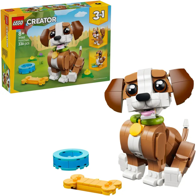 LEGO Creator 3-in-1-Set: Brauner und weißer Hund mit Zubehör, Verpackung im Hintergrund sichtbar.