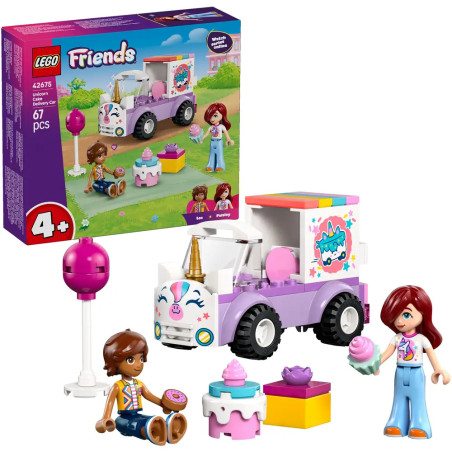 LEGO Friends Einhorn-Eiswagen-Set mit zwei Minifiguren, Zubehör und abgebildeter Verpackung.