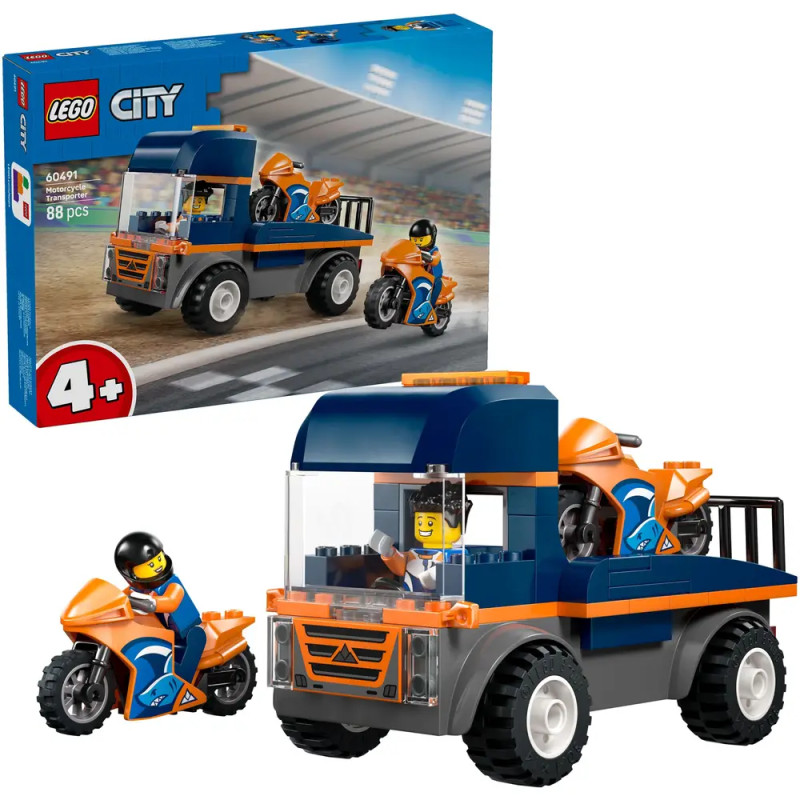 LEGO City Set: Lkw, Motorrad, zwei Figuren und Verpackung mit Abbildungen der aufgebauten Modelle.