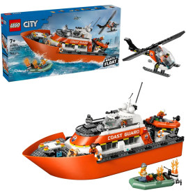 LEGO City Küstenwache-Set mit Boot, Hubschrauber, Minifiguren und Verpackung.