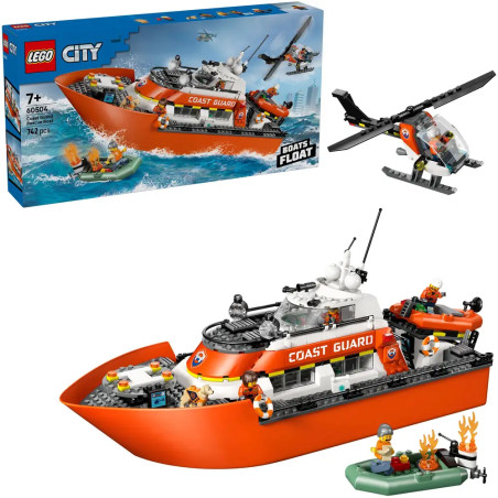 LEGO City Küstenwache-Set mit Boot, Hubschrauber, Minifiguren und Verpackung.