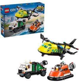 LEGO City Set mit gelbem Rettungshubschrauber, grünem Truck, orangem Hovercraft und Verpackung im Hintergrund.