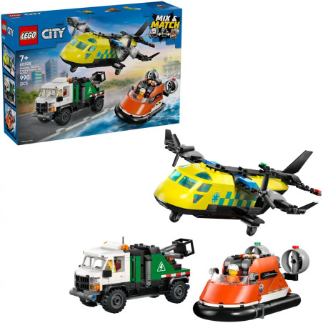 LEGO City Set mit gelbem Rettungshubschrauber, grünem Truck, orangem Hovercraft und Verpackung im Hintergrund.