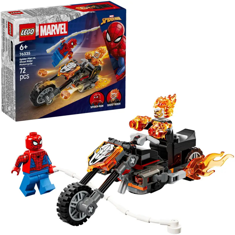 LEGO Marvel Set mit Spider-Man und Ghost Rider Minifiguren sowie brennendem Motorrad, Box im Hintergrund.