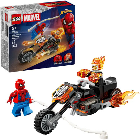 LEGO Marvel Set mit Spider-Man und Ghost Rider Minifiguren sowie brennendem Motorrad, Box im Hintergrund.
