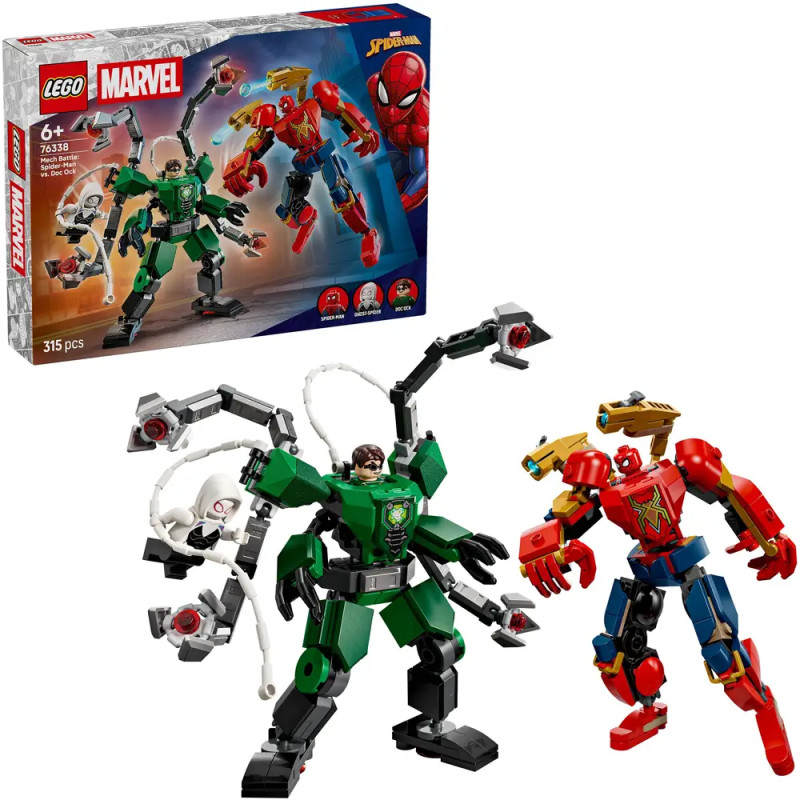LEGO Marvel Spider-Man Set mit Spider-Man und Doctor Octopus Mech-Figuren, Box im Hintergrund.