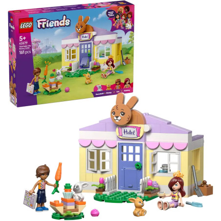 LEGO Friends Hasenhotel-Set mit Minifiguren, Hasen und bunter Verpackung, geeignet für Kinder ab 5 Jahren.