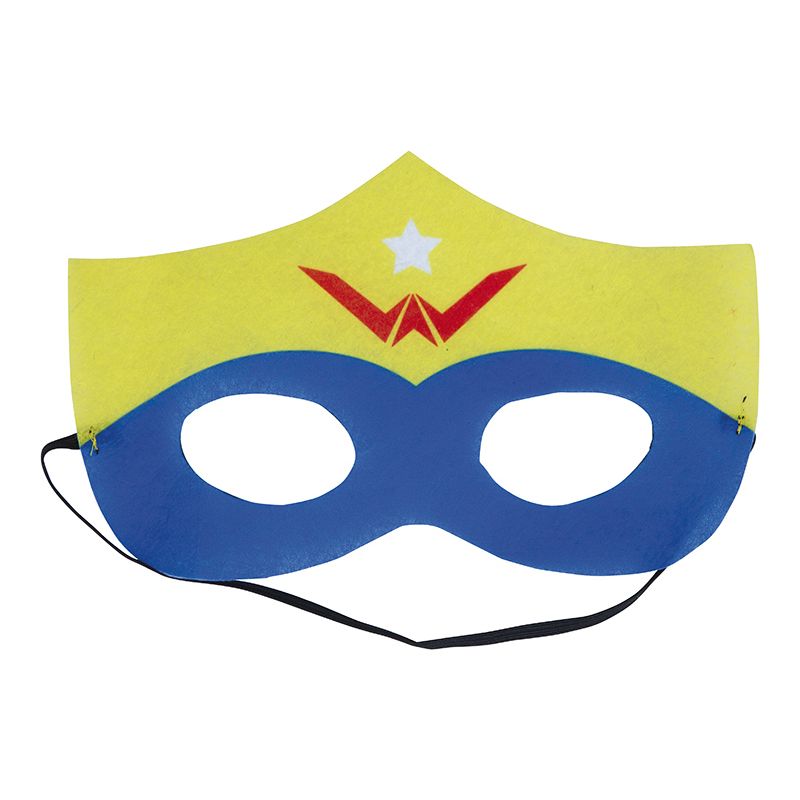 Gelbe-blaue Superheldenmaske mit weißem Stern, rotem W und elastischem Band.