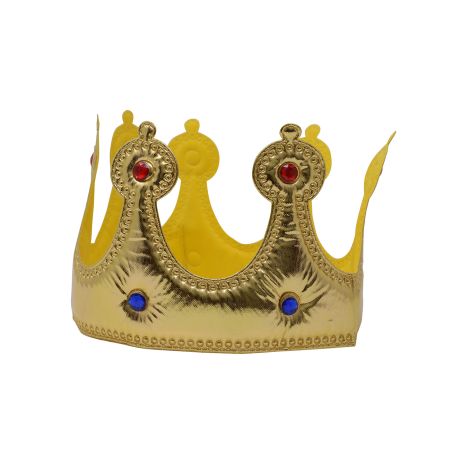 Goldene Krone mit roten und blauen Edelsteinen auf weißem Hintergrund.