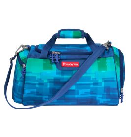 Blau-grüne Sporttasche mit geometrischem Muster, Schultergurt und Step by Step-Label.