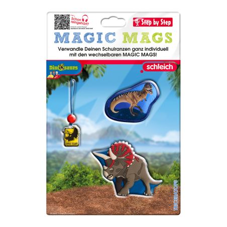 Dreierpack Dino-Magic Mags: T. rex, Triceratops und gelber Dino Team-Anhänger auf einer Karte.