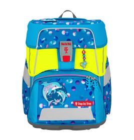 Blauer und gelber Rucksack mit Delfinmotiv, reflektierenden Streifen und buntem Punktmuster.